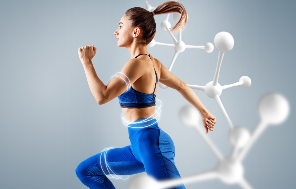 Sporty,Young,Woman,Runing,And,Jumping,Near,Molecules.,Metabolism,Concept.
