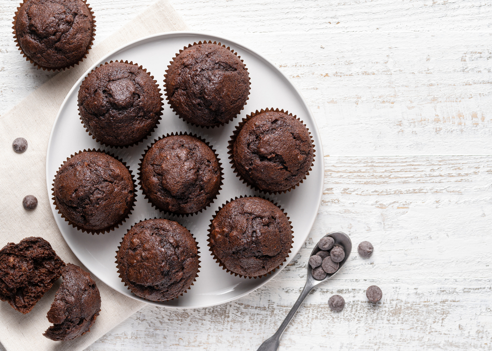 Chocolate,Muffins,On,White,Ceramic,Plate.,Homemade,Fluffy,And,Moist