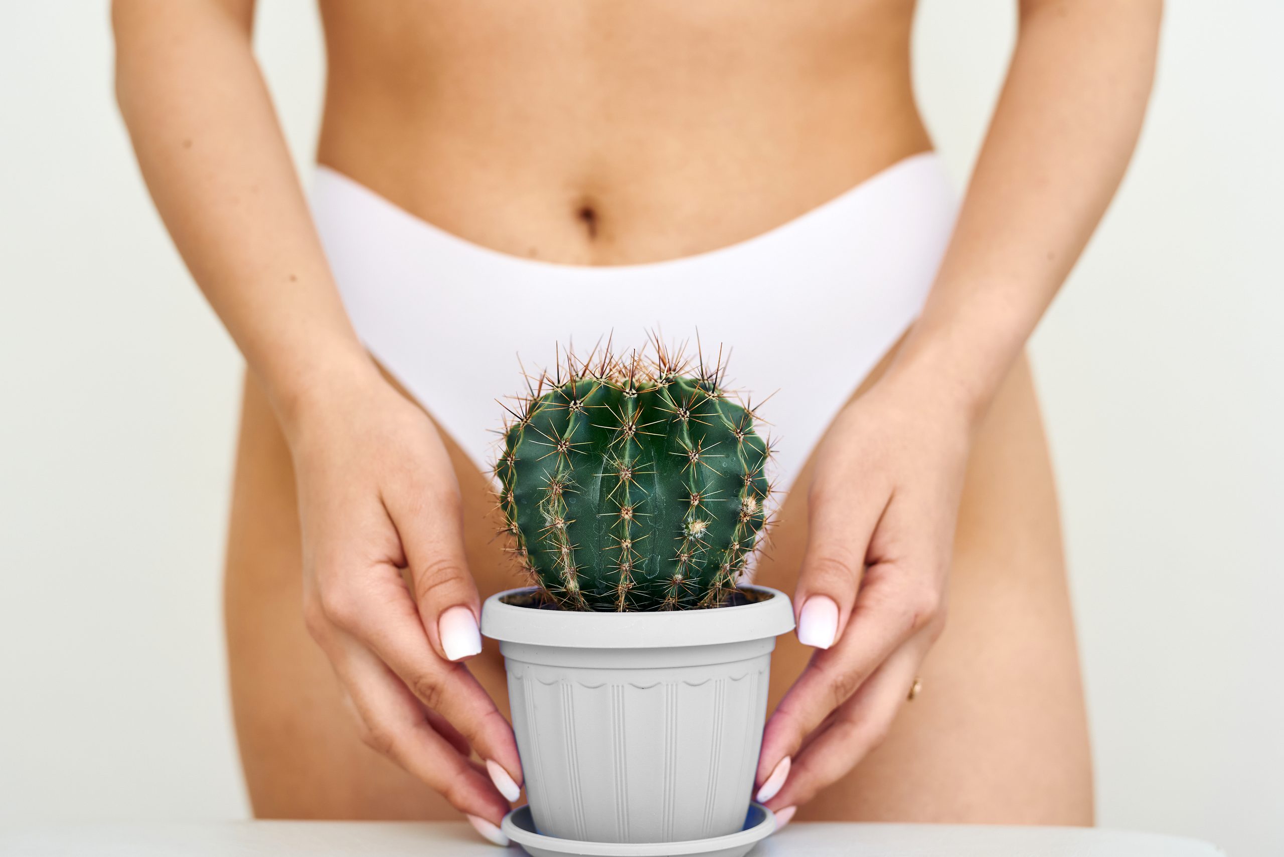 Das Mädchen hält eine große Kaktus in der Hain- oder Bikini-Region. Das Konzept der intimen Hygiene, der Entnahme und Entfärbung, tiefer Bikini-Rasieren