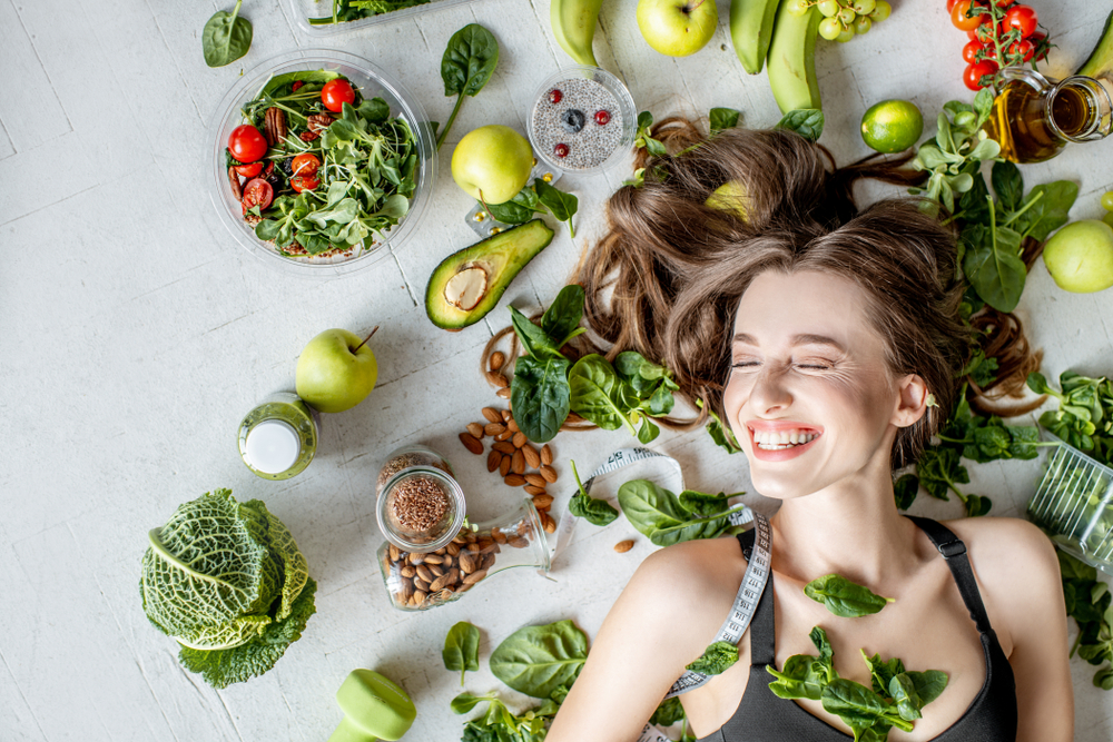 Beauty,Portrait,Of,A,Woman,Surrounded,By,Various,Healthy,Food
