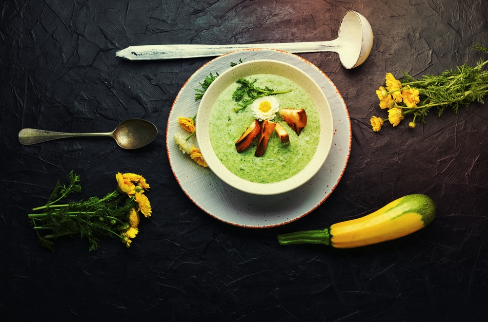 Puree,Soup,,Dietary,Zucchini,And,Herb,Soup,,Garnished,With,Croutons.summer