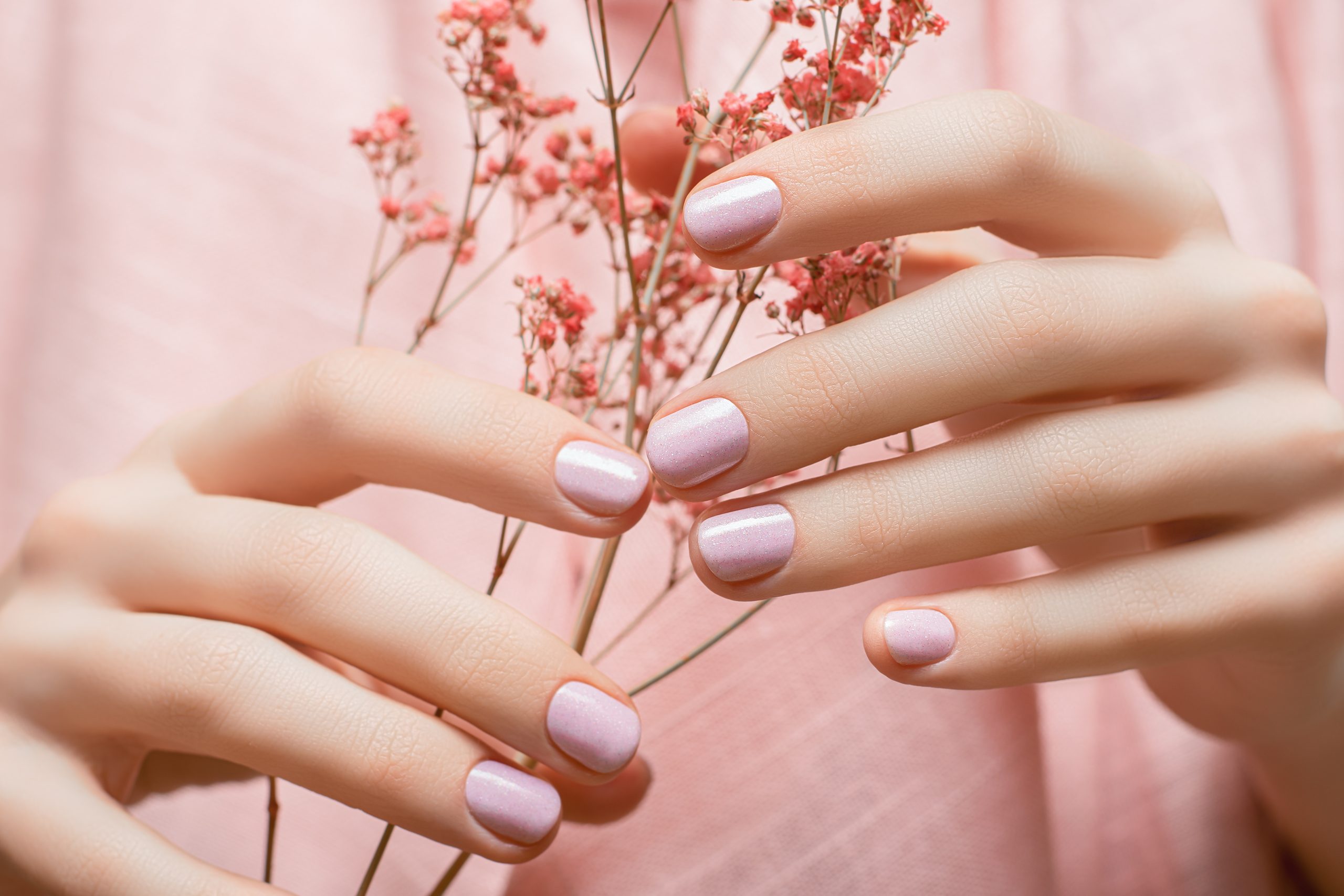 Weibliche Hände mit rosafarbenem Nageldesign. rosafarbene Nagellack-Maniküre. Händchen von Frauen halten rosafarbene Blumen