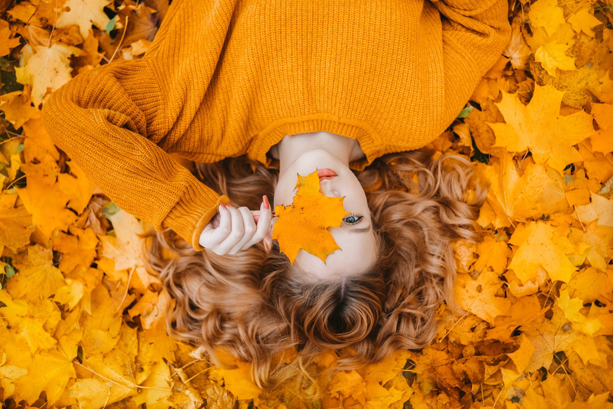 Schönes Mädchen liegt im Park im Herbst. Ein Teenager in einem gelben Pullover auf orangefarbenem Hintergrund. Die schöne Brünette lächelt und lacht. Mode und Stil. Frauen mit umhüllenden Augen mit Blatt