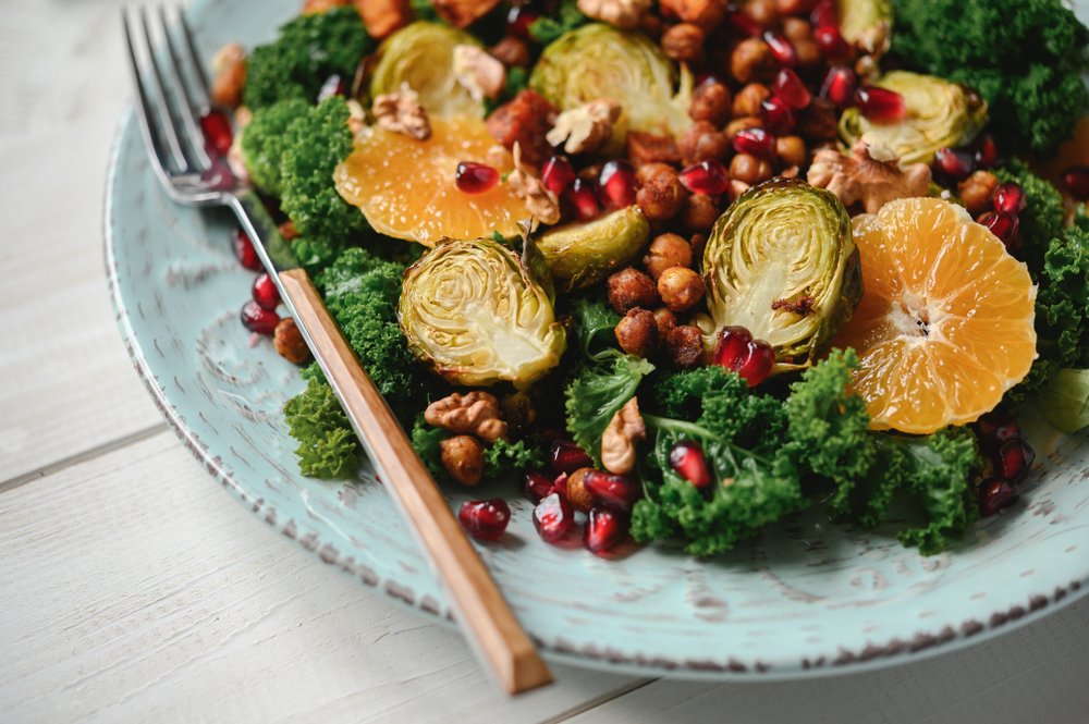 Beautiful,Colourful,Winter,Salad,With,Baked,Chickpeas,,Sweet,Potatoes,,Brussels