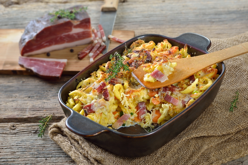 Homemade,Spaetzle,Casserole,With,Parmesan,,Vegetables,And,South,Tyrolean,Bacon,
