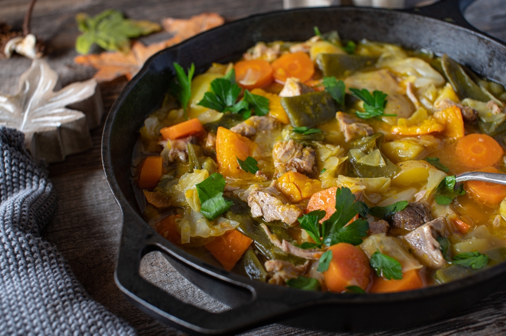 Autumn,Stew,With,Fresh,Vegetables,,Hokkaido,Pumpkin,,Potatoes,And,Beans.